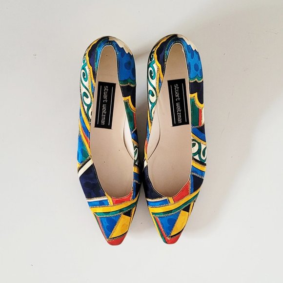 Stuart Weitzman Vintage 80s 90s Pattern with Golden Heels - Size 7.5 - Picture 4 of 12